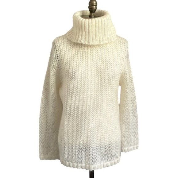 Vintage Sweaters - Vintage Ivory White Mohair Wool Blend Turtleneck Sweater - S